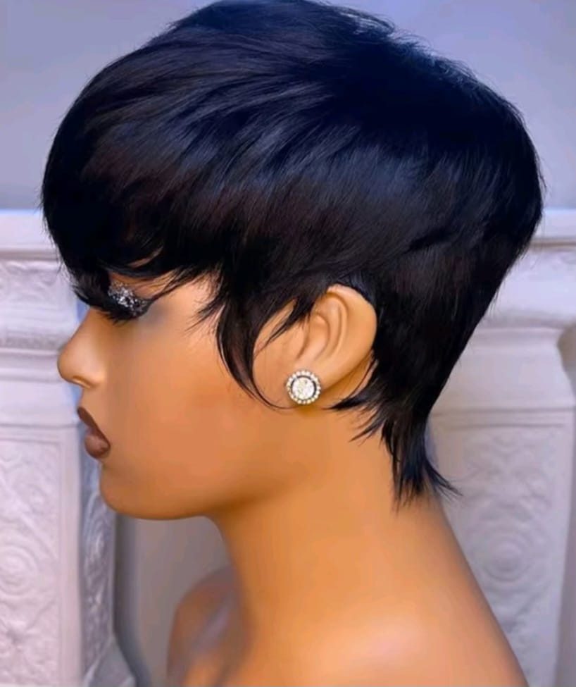 Profile of a tapered pixie wig crafted at Hair'Riette